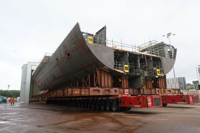 A large section of the fifth Type 26 frigate HMS Sheffield being worked on in Glasgow, Scotland.