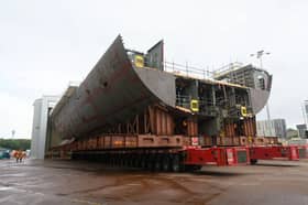 A large section of the fifth Type 26 frigate HMS Sheffield being worked on in Glasgow, Scotland.