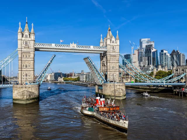 PS Waverley is celebrating her 80th anniversary by sailing under Tower Bridge in London.