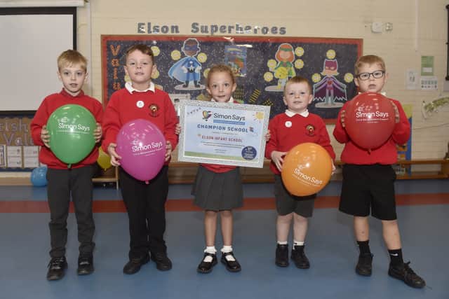From left, Ben Cook, Harry Gilliland-Sheehan, Erin Gaskin, Stanley Scott and Jonny Waite after the game of Simon Says. Picture: Sarah Standing (021026-8700)