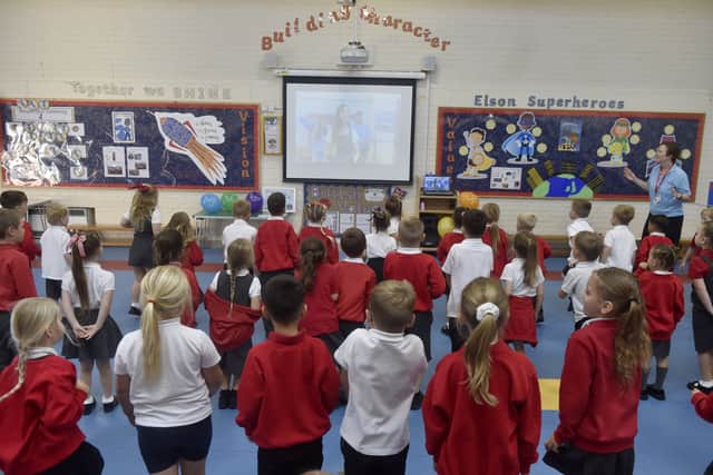  Children at Elson Infant School in Gosport, taking part in the biggest games of Simon Says. Picture: Sarah Standing (021026-8670)
