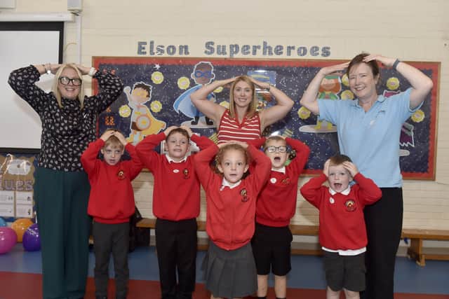 Back, from left executive headteacher for Elson and Gomer Infant Schools Sarah Duffy, head of school at Elson Infant School Hayley Page and family support lead at Simon Says  Amanda Hughes with, front from left, Ben Cook, Harry Gilliland-Sheehan, Erin Gaskin, Jonny Waite and Stanley Scott Picture: Sarah Standing (021026-8727)