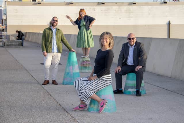Seafront arts officer Harry Scott, project manager Jo Bushnell, city council leader Cllr Steve Pitt and artist Flora Duley by Flora’s Call For Play artwork near Clarence Pier, Southsea Picture: Habibur Rahman
