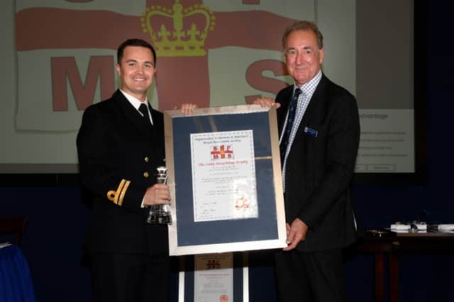 Lieutenant David Hardiman has been commended for his quick-thinking after stopping HMS Prince of Wales from crashing into a ferry. He received the Lady Swaythling Trophy by national maritime charity Shipwrecked Maritime Society.