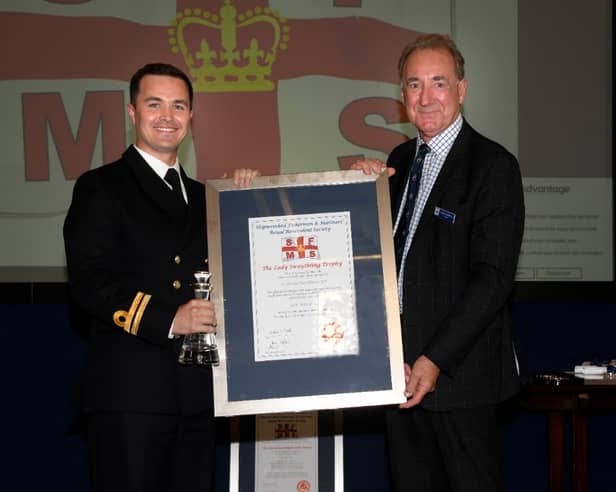 Lieutenant David Hardiman has been commended for his quick-thinking after stopping HMS Prince of Wales from crashing into a ferry. He received the Lady Swaythling Trophy by national maritime charity Shipwrecked Maritime Society.