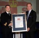 Lieutenant David Hardiman has been commended for his quick-thinking after stopping HMS Prince of Wales from crashing into a ferry. He received the Lady Swaythling Trophy by national maritime charity Shipwrecked Maritime Society.