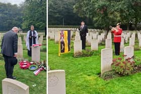 The grave of Private (Pte) Sidney Allen, 7th Battalion Hampshire Regiment, was discovered 81 years after his death. Pictured: Corporal Wendy Robert, The Band of the Mercian Regiment sounds Last Post at the rededication service as Colonel (retired) Stephen Owen OBE, Royal British Legion, pays his respects.