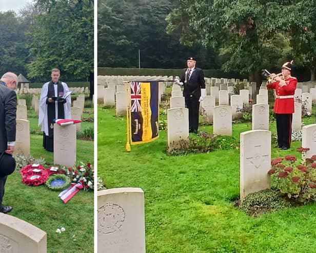 The grave of Private (Pte) Sidney Allen, 7th Battalion Hampshire Regiment, was discovered 81 years after his death. Pictured: Corporal Wendy Robert, The Band of the Mercian Regiment sounds Last Post at the rededication service as Colonel (retired) Stephen Owen OBE, Royal British Legion, pays his respects.