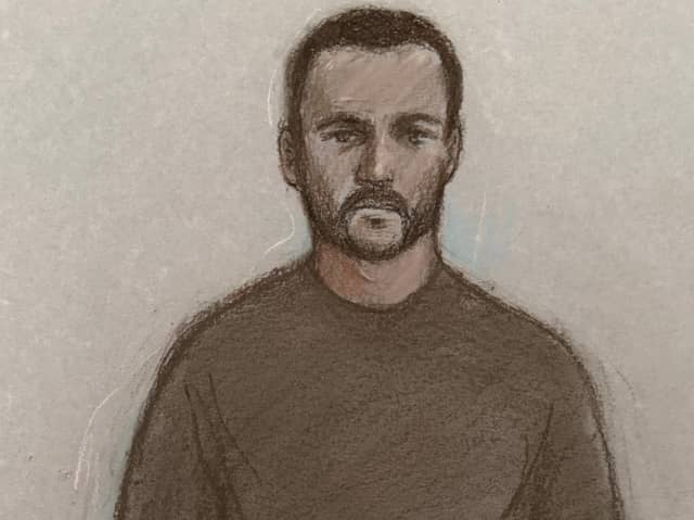 Court artist sketch by Elizabeth Cook of Royal Navy sailor Teddy Young appearing at Westminster Magistrates' Court, London, where he was charged with engaging in conduct preparatory to the commission of an offence under the National Security Act 2023 and a second allegation of obtaining, accepting or retaining material benefit from a designated body. Picture date: Thursday October 8, 2026.