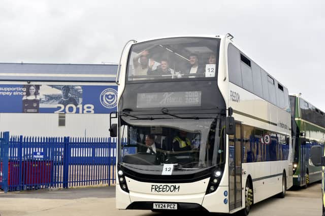 Pompey fans on their way to Southampton in 2025.