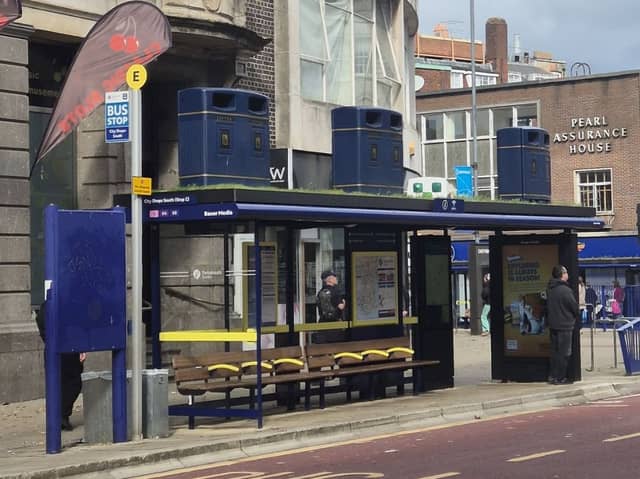 A trio of bins found their way to the top of a bus stop in Commercial Road this weekend.