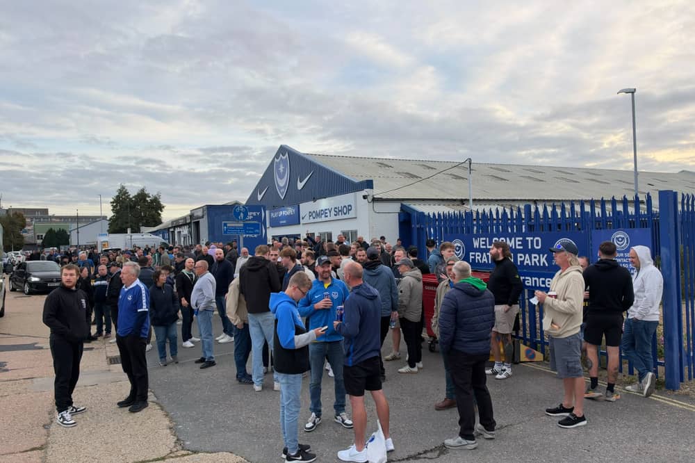 Approximately 1,400 Pompey fans gathered at Fratton Park this morning before boarding buses that would take them to Southampton.