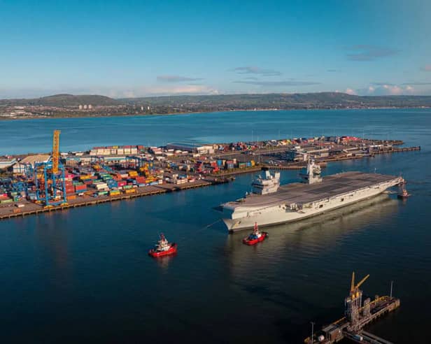 HMS Queen Elizabeth will be undergoing a period of intensive drills as she prepares to take duties of the Royal Navy flagship from HMS Prince of Wales. Pictured: The carrier arriving in Belfast, Northern Ireland.