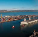 HMS Queen Elizabeth will be undergoing a period of intensive drills as she prepares to take duties of the Royal Navy flagship from HMS Prince of Wales. Pictured: The carrier arriving in Belfast, Northern Ireland.