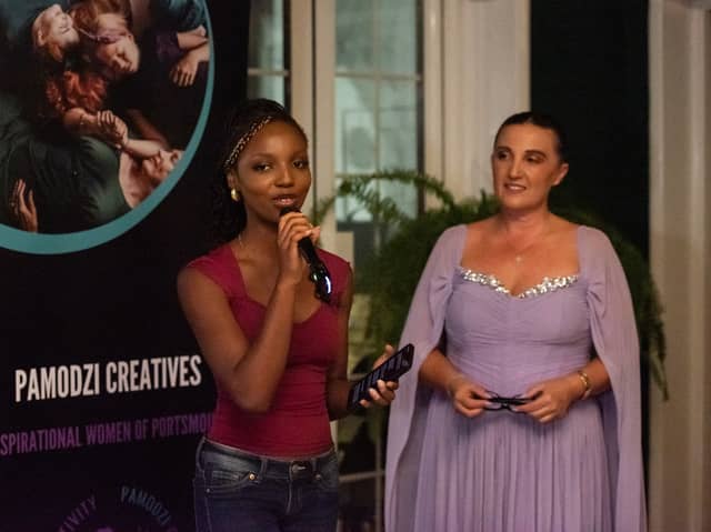 Adey shared her powerful poetry at the official launch of nominations for Pamodzi Creatives' Inpirational Women 2027. Host Debbie Smith watches on
