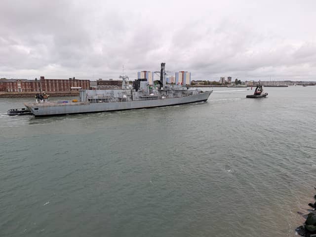 Retired Royal Navy frigate HMS Richmond being towed to Portsmouth amid an uncertain future on October 15, 2026.