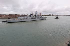 Retired Royal Navy frigate HMS Richmond being towed to Portsmouth amid an uncertain future on October 15, 2026.
