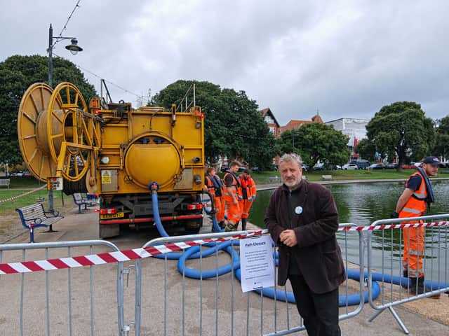 Cllr Lee Hunt on site at the Canoe Lake desilting trial