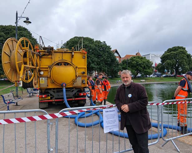 Cllr Lee Hunt on site at the Canoe Lake desilting trial 