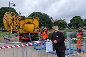 Cllr Lee Hunt on site at the Canoe Lake desilting trial 