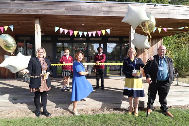 From left, associate headteacher Kerry Sharpe, mayor of Gosport Kristen Bradley, executive headteahcer Georgina Mulhall, and school governor Chris Brunt, with Ruby and Max, 10, in the background.