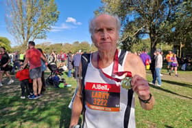 Larry Cattle, 74, with his medal for completing the 2026 Great South Run.