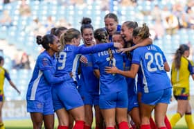 Georgie Freeland is congratulated by her Pompey Women team-mates following her goal in the 6-3 win against Cheltenham