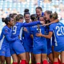 Georgie Freeland is congratulated by her Pompey Women team-mates following her goal in the 6-3 win against Cheltenham