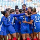 Georgie Freeland is congratulated by her Pompey Women team-mates following her goal in the 6-3 win against Cheltenham