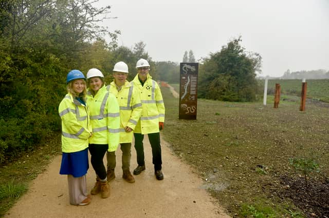 A preview of Ports Creek in Hilsea, Portsmouth, on Tuesday, October 20, 2026, as a section of the footpath is being planned to be opened by the October Half Term. Pictured is: (l-r) Catherine Bennett - Knights Brown - marketing and social value manager, Mel Mackay - PCC - marketing and communications officer, Gareth Colwell - PCC - marketing and communications manager, and Darren Durey - Coastal Partners, phase 5 construction delivery manager. Picture: Sarah Standing (201026-453)