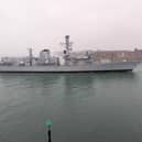 Retired Type 23 frigate HMS Iron Duke being towed to HMNB Portsmouth ahead of the prospect of being scrapped.