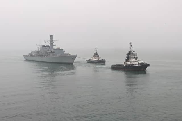 Retired Royal Navy frigate HMS Iron Duke being towed to Portsmouth on October 20.