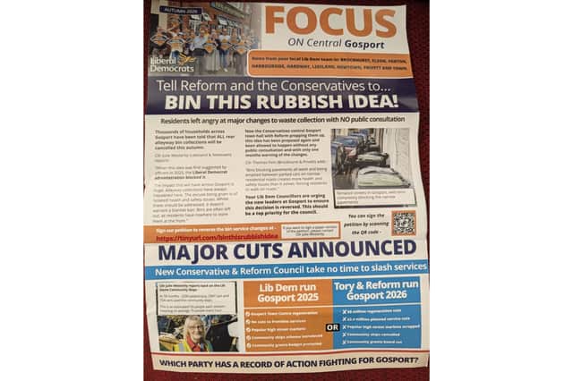 The Gosport Liberal Democrat leaflet that details the alleged cuts made by the Conservatives