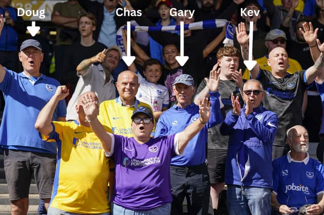 Pompey fans including Chas, Doug, Gary and Kev during the Championship match between Bristol City and Portsmouth at Ashton Gate Stadium, Bristol, England on August 29, 2026