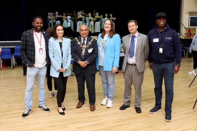 Portsmouth100 event St Edmund’s Catholic School, Portsmouth on Wednesday 21st October 2026

Pictured: Terence Carvalho, Miss Hammerton - wellbeing Co-ordinator, Lord Mayor Abdul Kadir, Mrs Halford - Careers lead, Simon Graham - headteacher and Duke Harrison-Hunter

Picture: Habibur Rahman