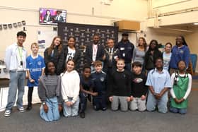 Portsmouth100 event St Edmund’s Catholic School, Portsmouth on Wednesday 21st October 2026

Pictured: Terence Carvalho,  Lord Mayor Abdul Kadir, and Duke Harrison-Hunter with some of the students at the event

Picture: Habibur Rahman
