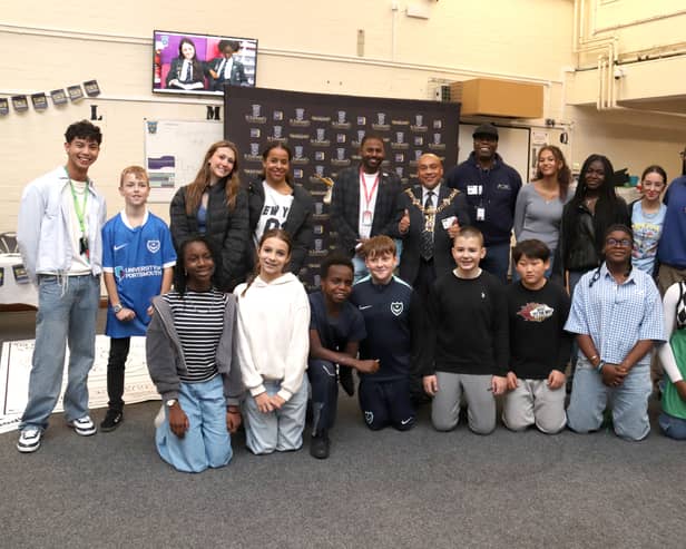 Portsmouth100 event St Edmund’s Catholic School, Portsmouth on Wednesday 21st October 2026

Pictured: Terence Carvalho,  Lord Mayor Abdul Kadir, and Duke Harrison-Hunter with some of the students at the event

Picture: Habibur Rahman
