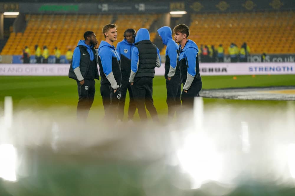 Thomas Waddingham and his Pompey team-mates at Wolves on Tuesday night. Pic: Jason Brown