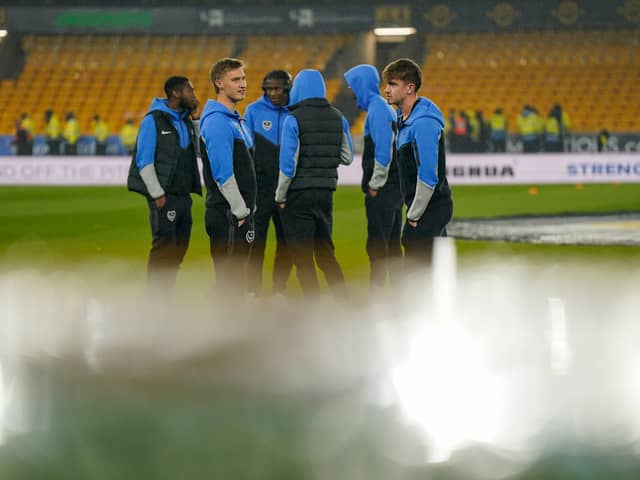Thomas Waddingham and his Pompey team-mates at Wolves on Tuesday night. Pic: Jason Brown