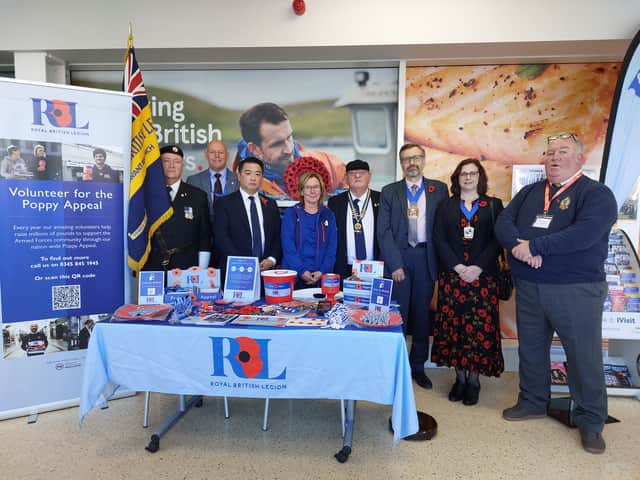 The launch of the Poppy Appeal in Havant Tesco.
(From left) Dave Barton, Andy Carter MBE, Alan Mak MP, Jacqui Hage, Chris Atkinson, Mayor of Havant Cllr Paul Tansom, Mayoress Dawn Tansom and Matt Rugman.