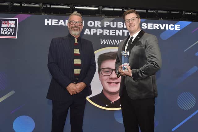 Pictured is: (left) Mark Collins presents Chris Davies who was winner of the Health and Public Service Apprentice Award.
Picture: Sarah Standing 
