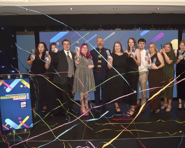 The Portsmouth and Chichester Apprenticeship Awards 2026, took place on Thursday, October 22, 2026, at The Marriott Hotel in Portsmouth.
Pictured is: (fifth from left) Compere Mark Collins with all the winners.
Picture: Sarah Standing