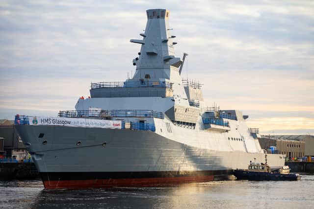 The first Type 26 frigate is not expected to enter the Royal Navy fleet until 2028 at the earliest. Pictured: HMS Glasgow, currently undergoing the fitting out phase.