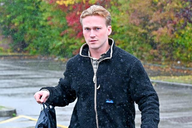 Pictured: Ewan Baxter outside Bulford Military Court, Wiltshire, who was punished for a sexist tirade while deployed on HMS Prince of Wales.