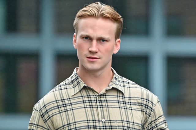 Pictured: Ewan Baxter outside Bulford Military Court, Wiltshire, who was punished for a sexist tirade while deployed on HMS Prince of Wales.