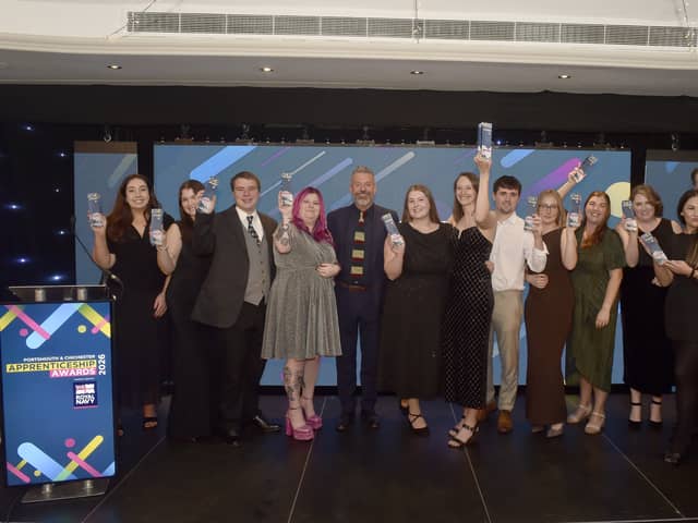 The Portsmouth and Chichester Apprenticeship Awards 2026, took place on Thursday, October 22, 2026, at The Marriott Hotel in Portsmouth.

Pictured is: (fifth from left) Compere Mark Collins with all the winners.

Picture: Sarah Standing (221026-1313)