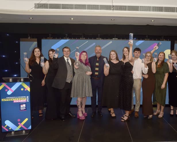 The Portsmouth and Chichester Apprenticeship Awards 2026, took place on Thursday, October 22, 2026, at The Marriott Hotel in Portsmouth.

Pictured is: (fifth from left) Compere Mark Collins with all the winners.

Picture: Sarah Standing (221026-1313)