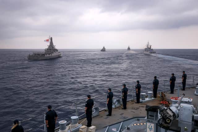 HMS Tamar conducts a sail pass with ships from allied Five Defence Power Arrangements (FPDA) nations. To pass respect to the partnering nations, ship and crew taking part in Bersama Lima 2026. Ships sailing included:Malaysia:KD LEKIR 26KD PAHANG 172Singapore:RSS INTREPID 69RSS DAUNTLESS 21UK:HMS TAMAR P233