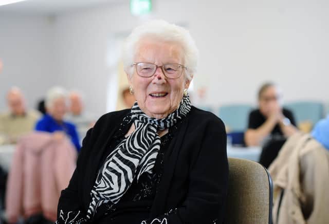 Eileen Gordon from Cowplain, celebrated her 100th birthday on Sunday, October 18, 2026.  At a surprise birthday party on October 23, thrown by Age Concern, the Mayor of Havant Paul Tansom presented Eileen with a bouquet of flowers.. 