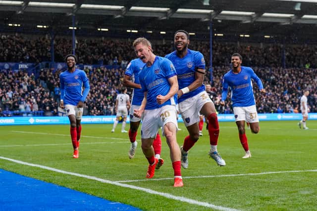 Pompey celebrate Thomas Waddingham's goal today. Picture: Jason Brown